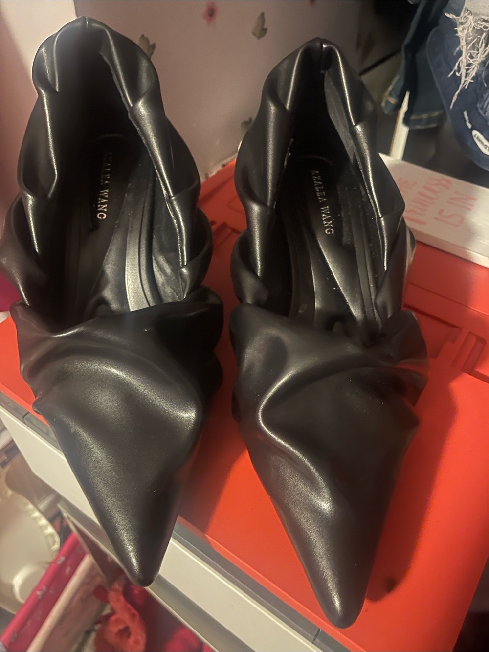 Azalea Wang Black Pointed Leather Ruched Wedge Shoe